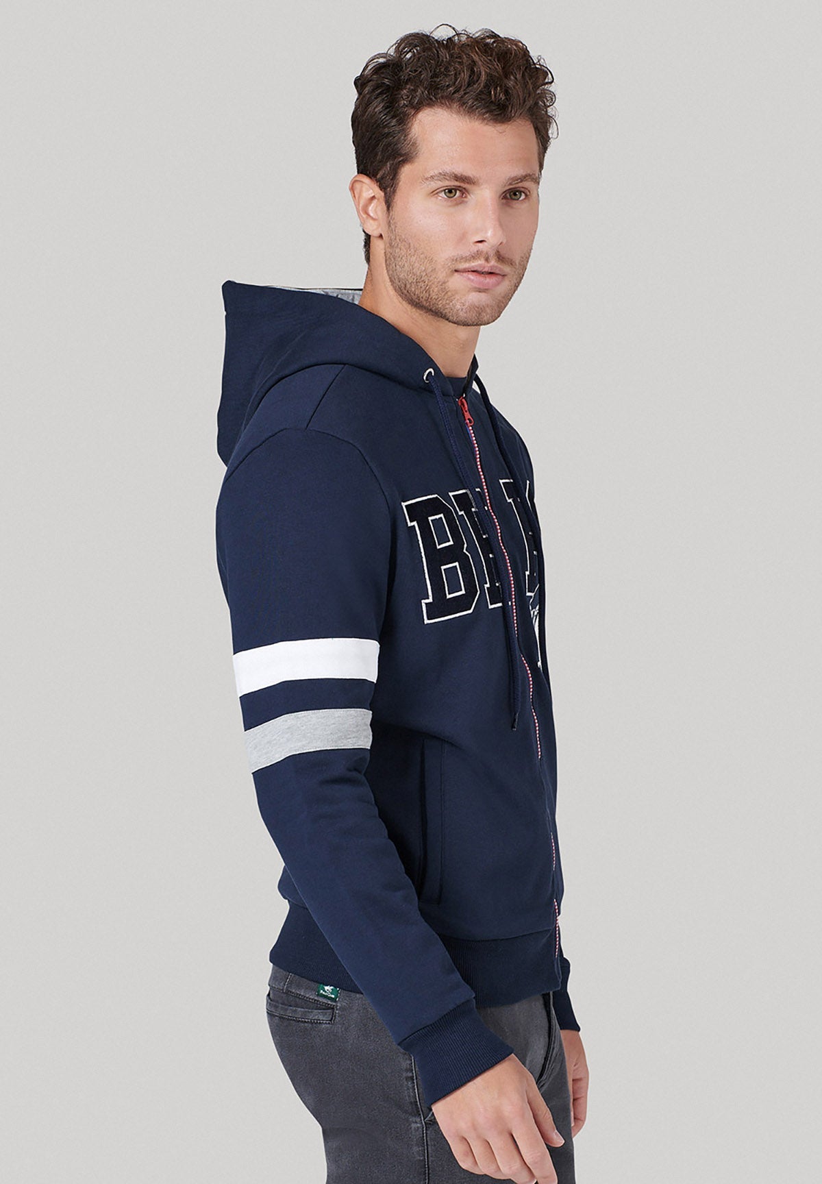 BHPC POLO PONY STRIPE SLEEVE ZIP HOODIE NAVY BEVERLY HILLS POLO CLUB