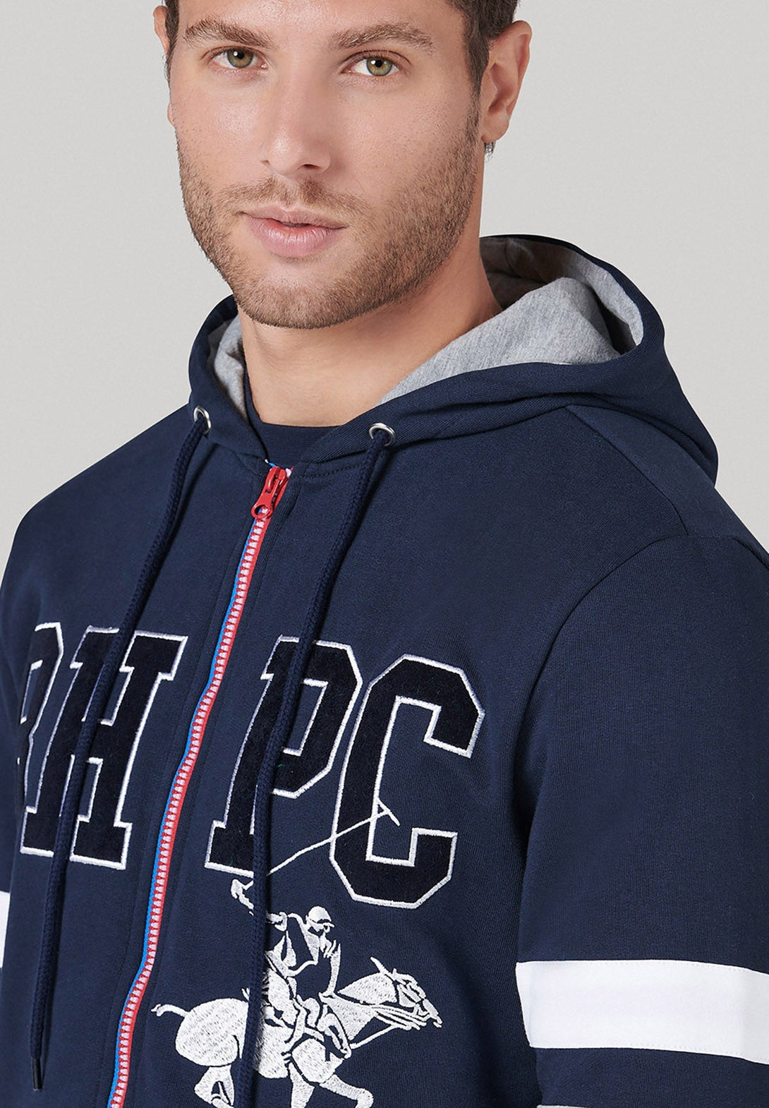 Beverly Hills Polo Club UK-BHPC POLO PONY STRIPE SLEEVE ZIP HOODIE NAVY