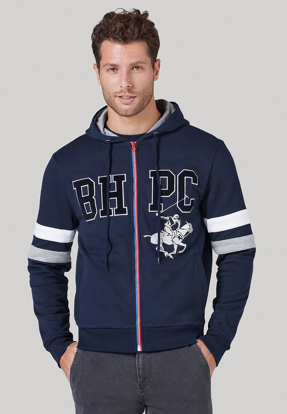 Beverly Hills Polo Club UK-BHPC POLO PONY STRIPE SLEEVE ZIP HOODIE NAVY