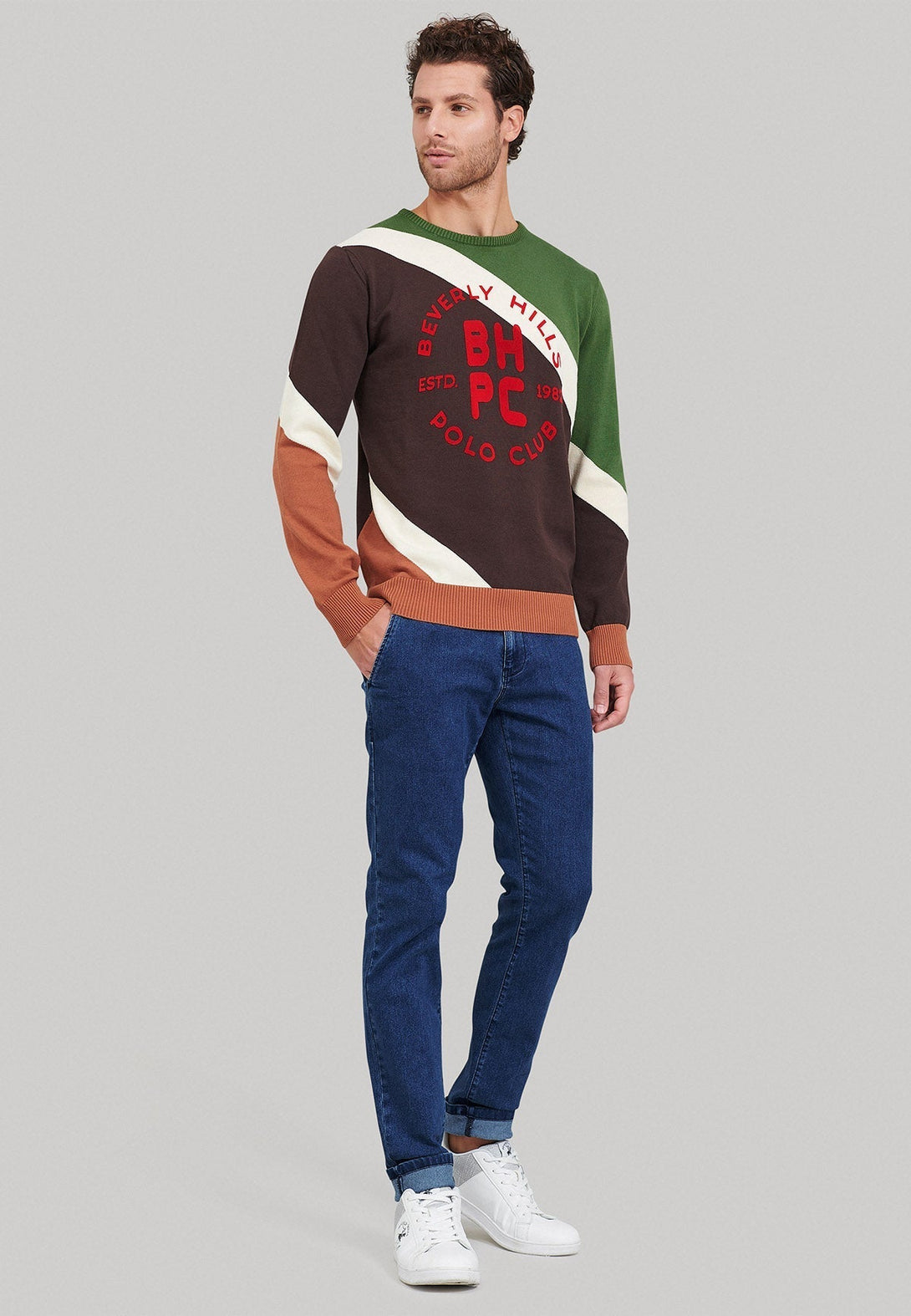 Beverly Hills Polo Club UK-BHPC STRIPED CONTRAST CREWNECK KNIT COFFEE