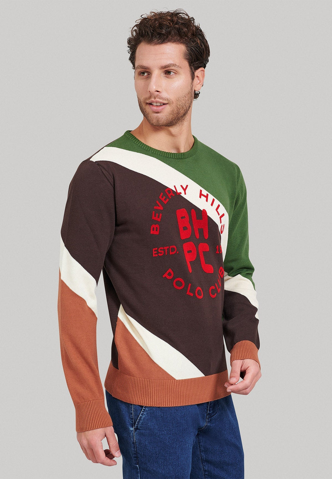 Beverly Hills Polo Club UK-BHPC STRIPED CONTRAST CREWNECK KNIT COFFEE