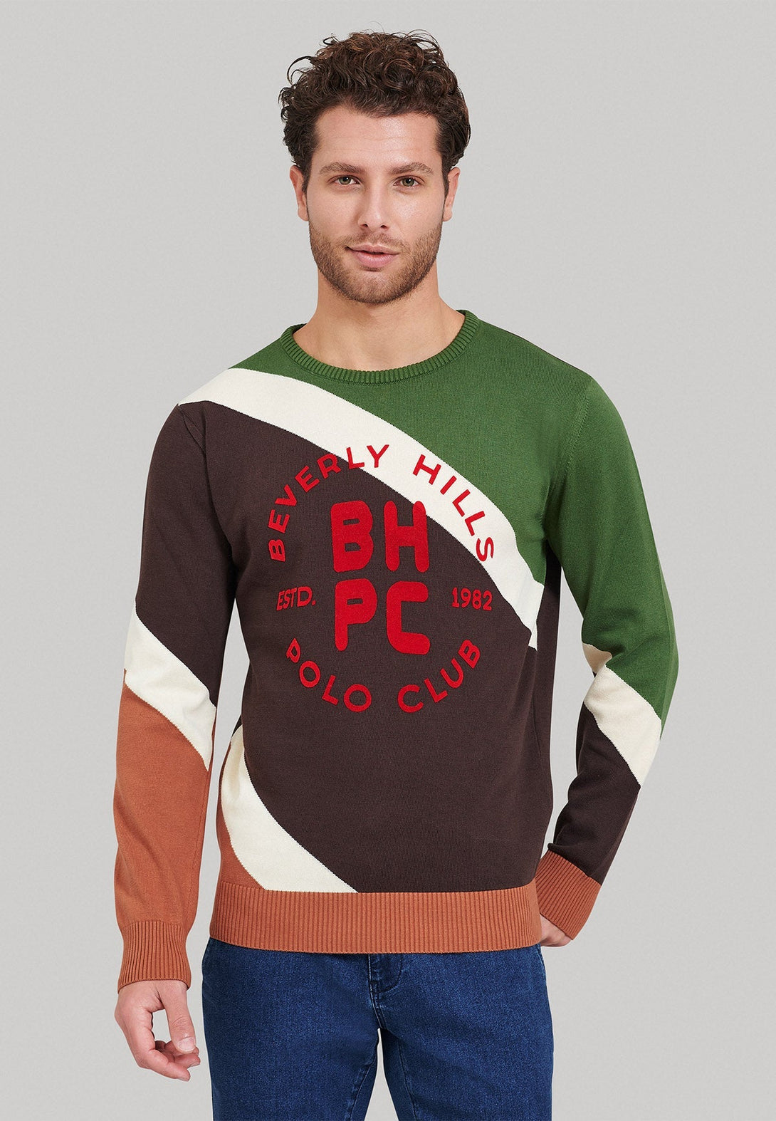 Beverly Hills Polo Club UK-BHPC STRIPED CONTRAST CREWNECK KNIT COFFEE