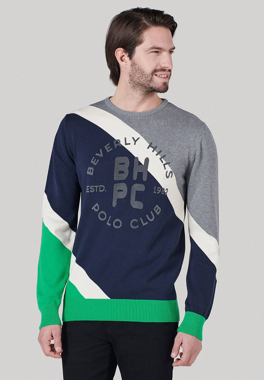 Beverly Hills Polo Club UK-BHPC STRIPED CONTRAST CREWNECK KNIT NAVY