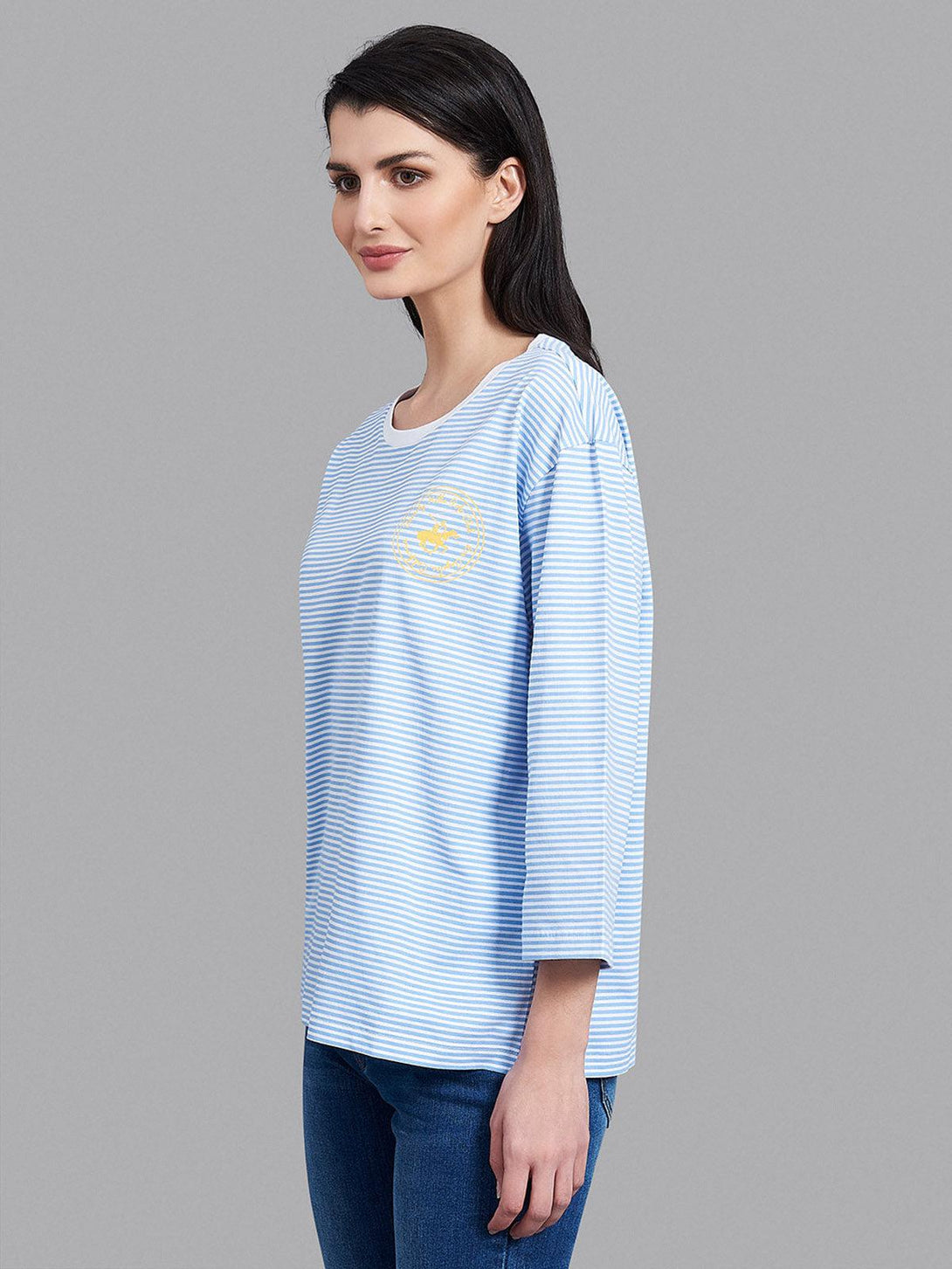 Beverly Hills Polo Club UK-BRETON STRIPE 3/4 SLEEVE LS T-SHIRT LIGHT BLUE