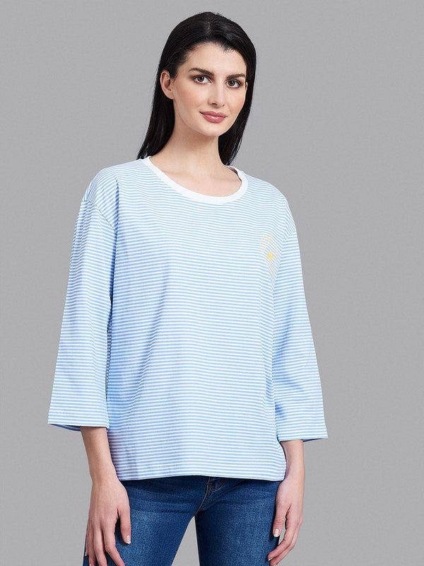 Beverly Hills Polo Club UK-BRETON STRIPE 3/4 SLEEVE LS T-SHIRT LIGHT BLUE