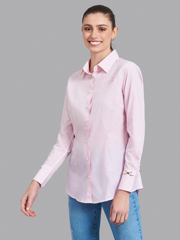 Beverly Hills Polo Club UK-BUCKLED CUFF STRIPE SHIRT PINK WHITE