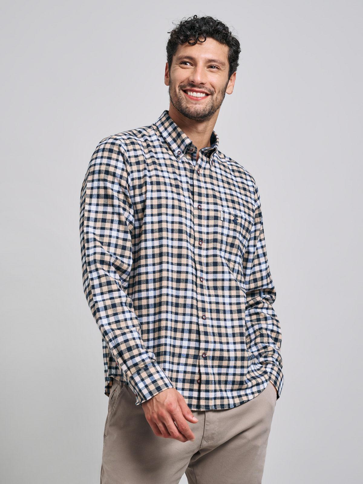 BUTTON DOWN FLANNEL CHECK SHIRT ECRU BEVERLY HILLS POLO CLUB