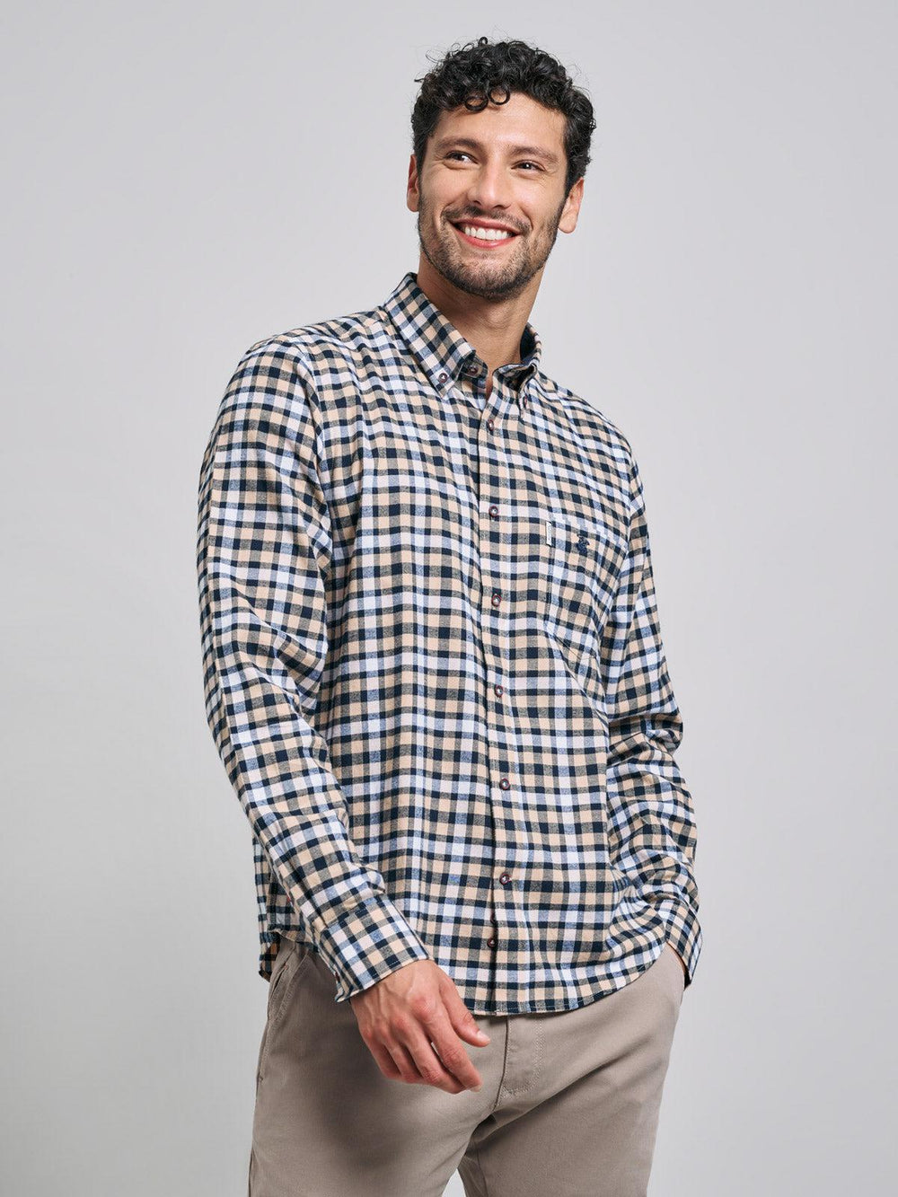 BUTTON DOWN FLANNEL CHECK SHIRT ECRU – BEVERLY HILLS POLO CLUB