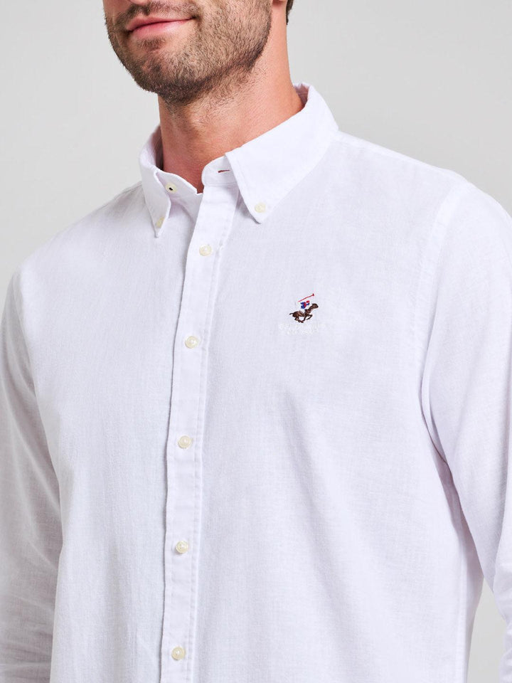 Beverly Hills Polo Club UK-BUTTON DOWN LINEN BLEND SHIRT GHOST WHITE