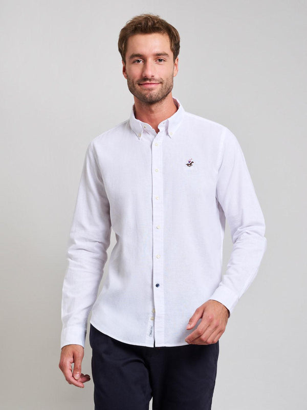 Beverly Hills Polo Club UK-BUTTON DOWN LINEN BLEND SHIRT GHOST WHITE