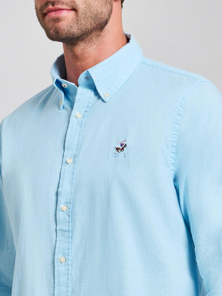 Beverly Hills Polo Club UK-BUTTON DOWN LINEN BLEND SHIRT LIGHT BLUE