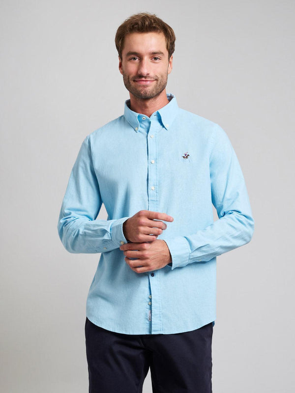 Beverly Hills Polo Club UK-BUTTON DOWN LINEN BLEND SHIRT LIGHT BLUE