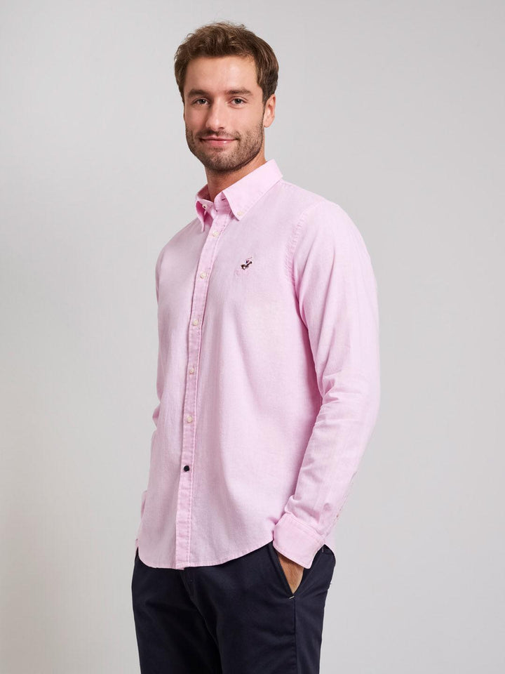 Beverly Hills Polo Club UK-BUTTON DOWN LINEN BLEND SHIRT LIGHT PINK