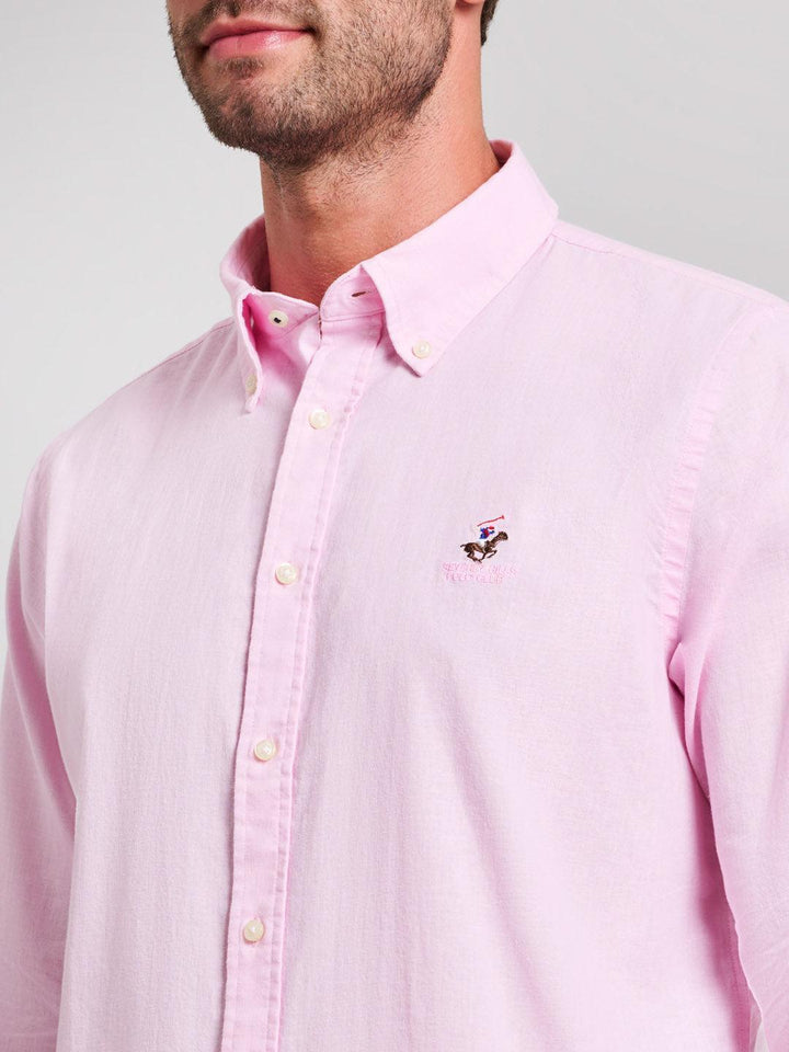 Beverly Hills Polo Club UK-BUTTON DOWN LINEN BLEND SHIRT LIGHT PINK