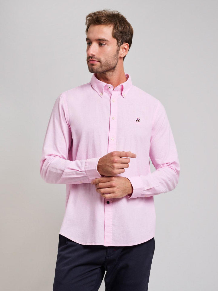 Beverly Hills Polo Club UK-BUTTON DOWN LINEN BLEND SHIRT LIGHT PINK