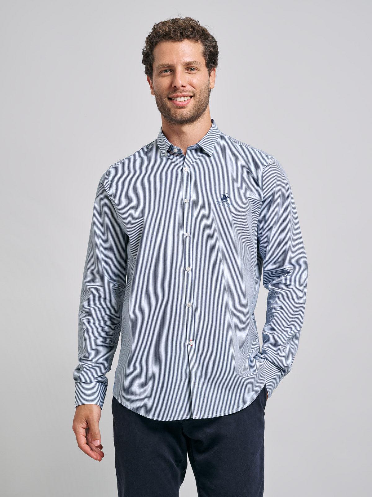 Beverly Hills Polo Club UK-BUTTON DOWN PINSTRIPE SHIRT BLUE WHITE