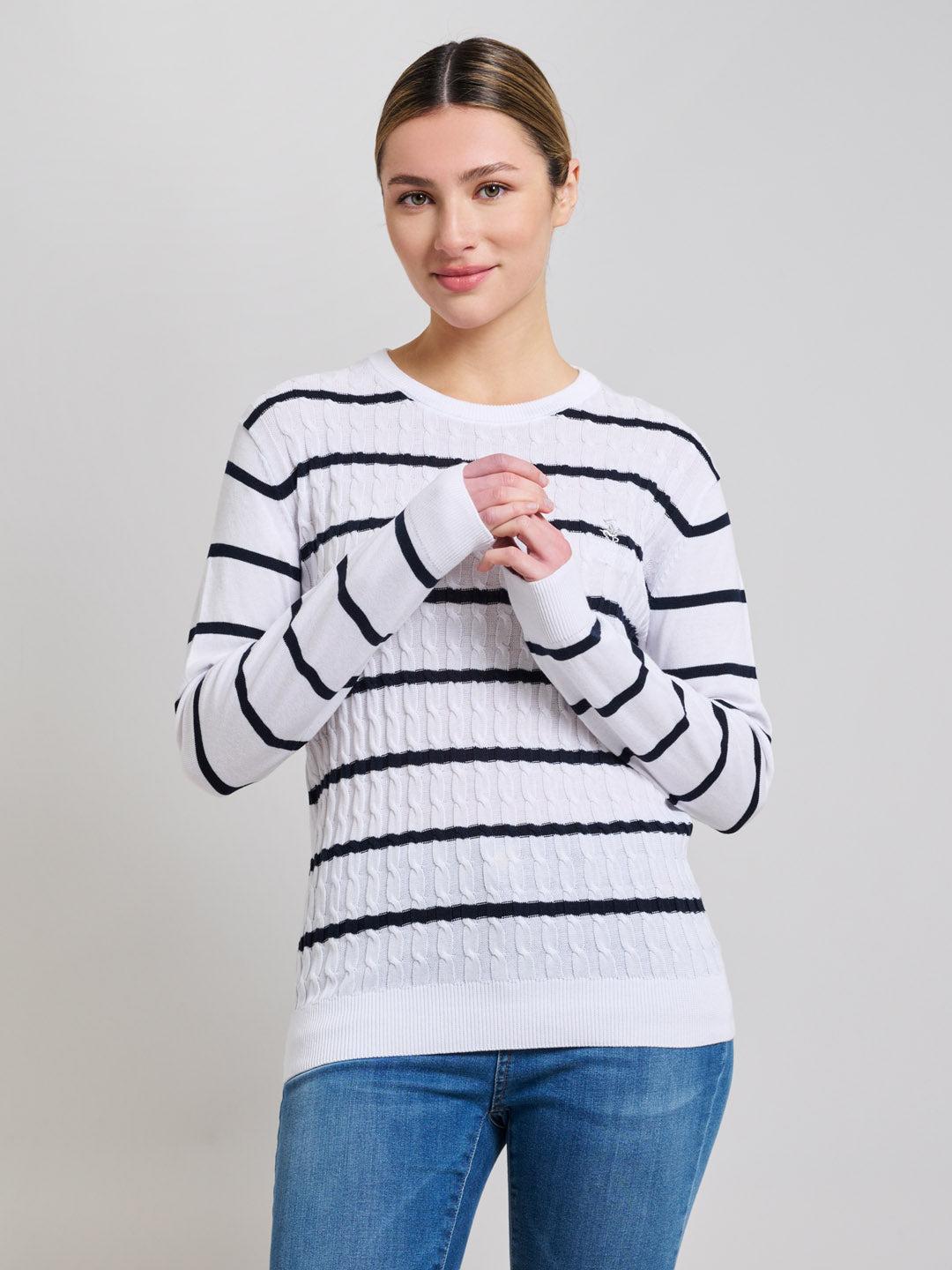 beverly hills polo club CABLE KNIT STRIPED CREWNECK COTTON KNIT