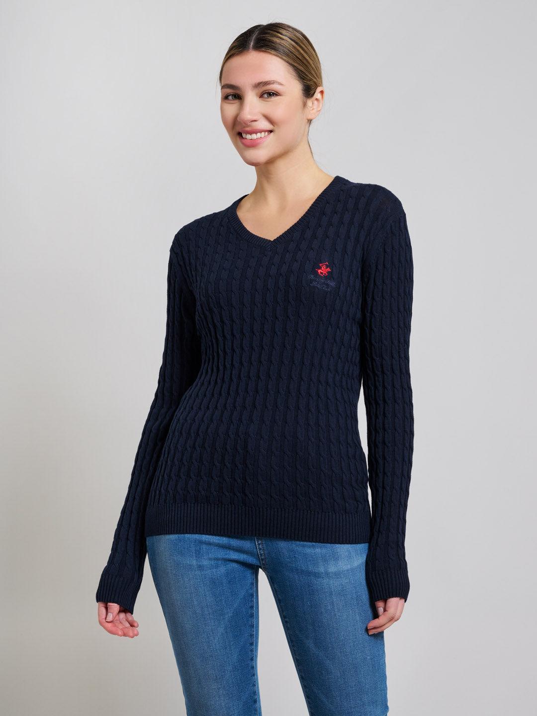 Beverly Hills Polo Club UK-CABLE KNIT V-NECK COTTON KNIT DARK NAVY