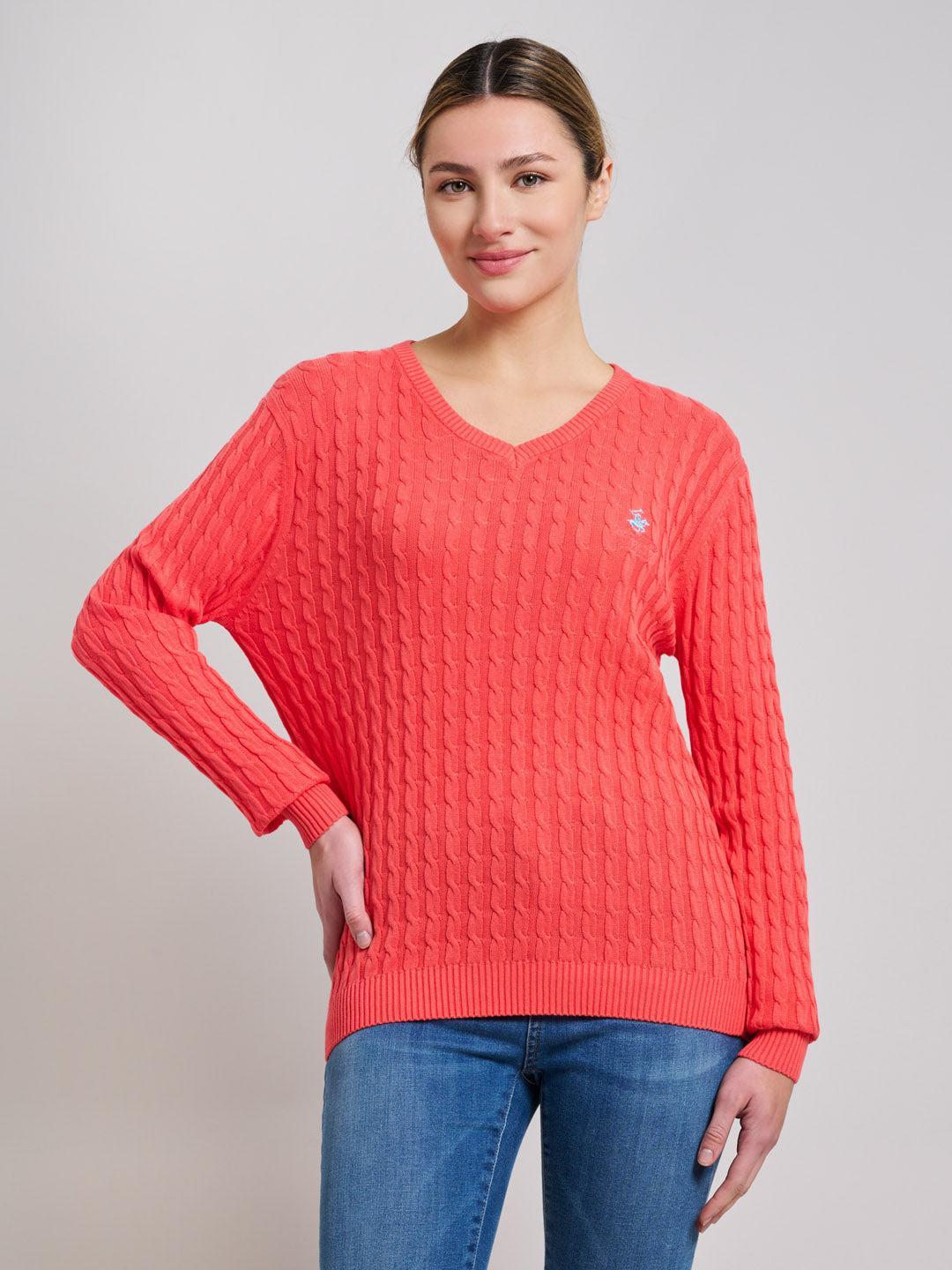 Beverly Hills Polo Club UK-CABLE KNIT V-NECK COTTON KNIT SUMMER PEACH