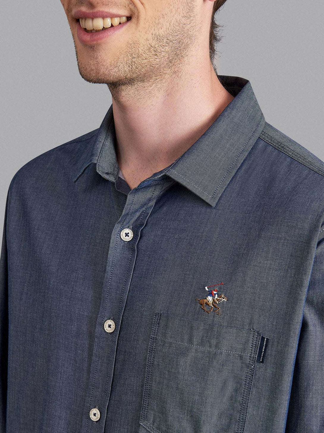 Beverly Hills Polo Club UK-CASUAL CHAMBRAY POCKET SHIRT TRUE NAVY