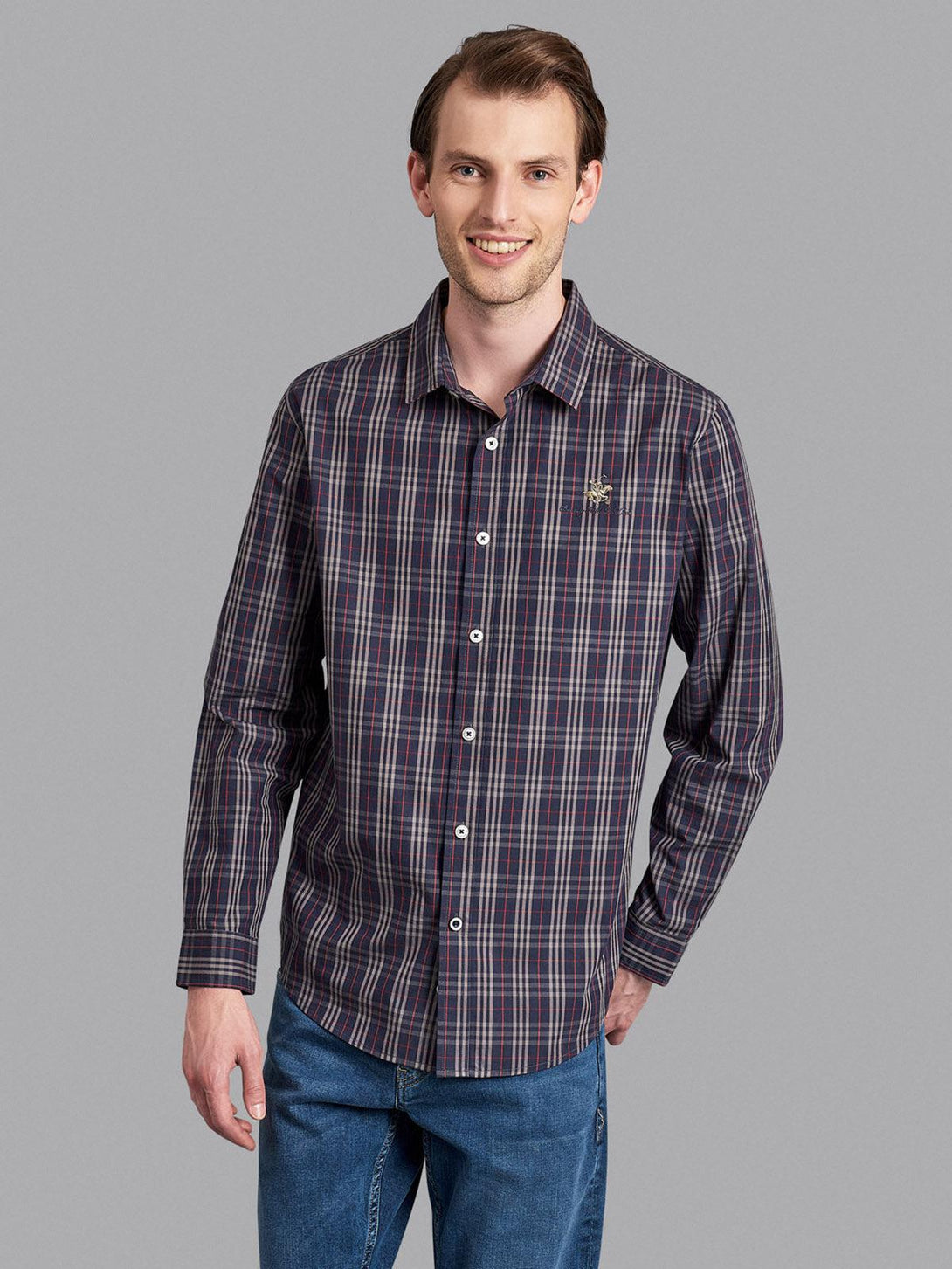 Beverly Hills Polo Club UK-CLASSIC CHECK SIGNATURE CASUAL SHIRT TRUE NAVY