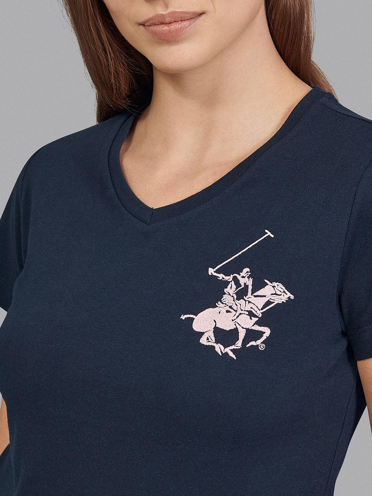 CLASSIC LARGE PONY V NECK T SHIRT NAVY BEVERLY HILLS POLO CLUB