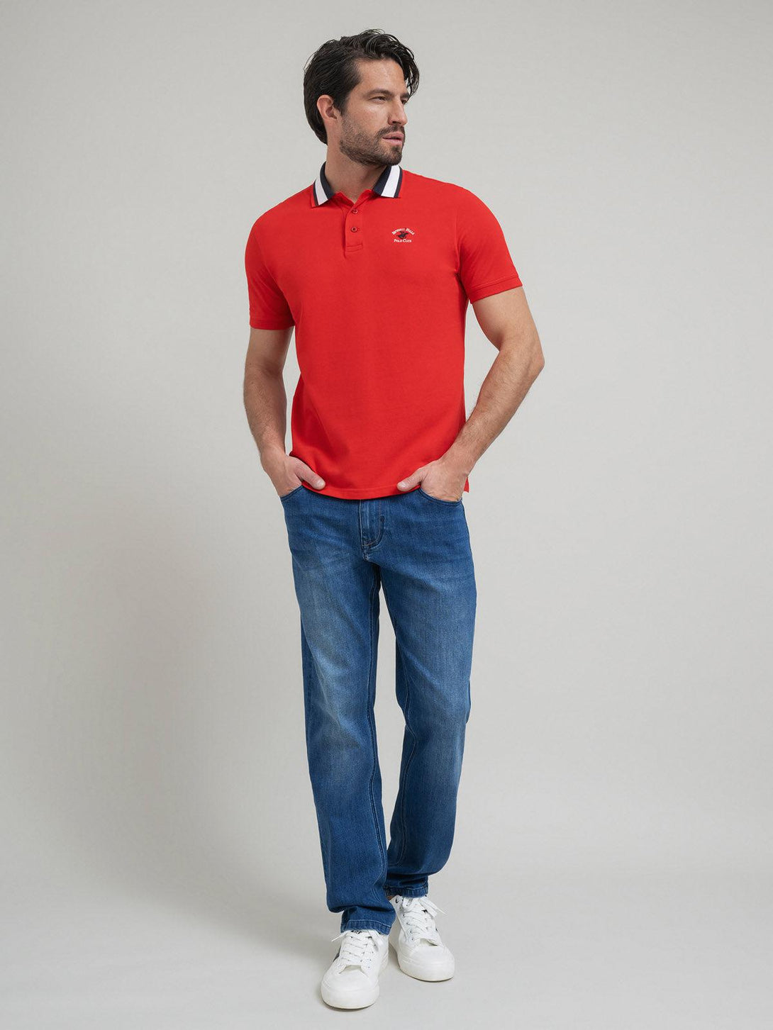 Beverly Hills Polo Club UK-COLLAR STRIPE POLO SHIRT RED