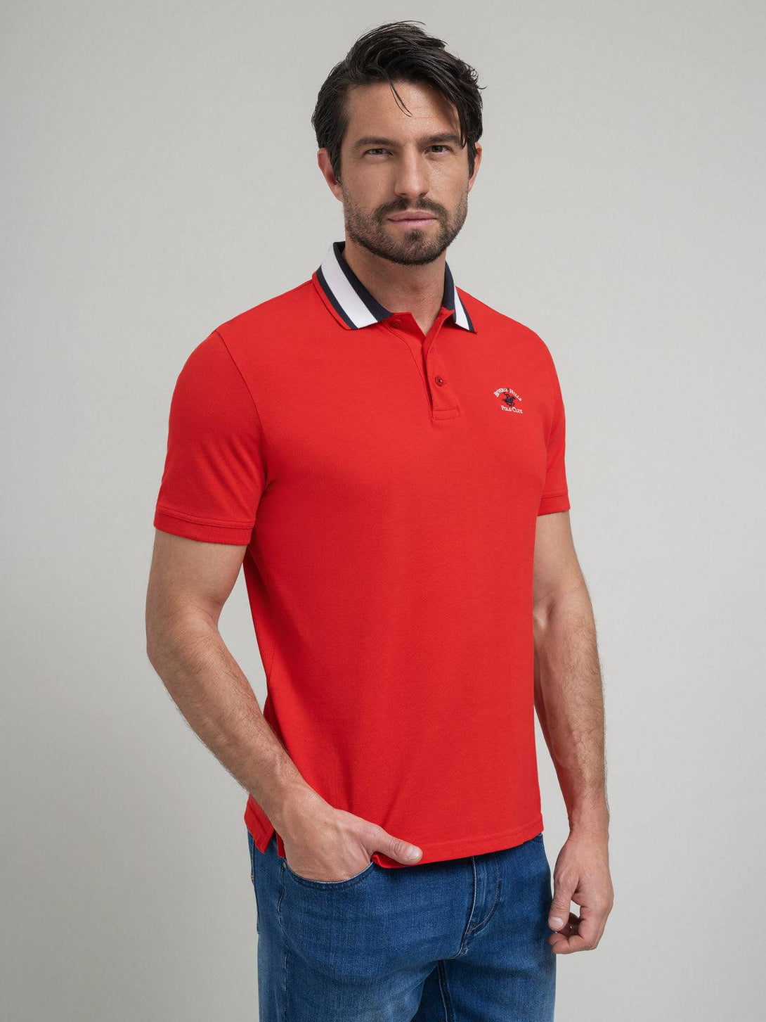 Beverly Hills Polo Club UK-COLLAR STRIPE POLO SHIRT RED