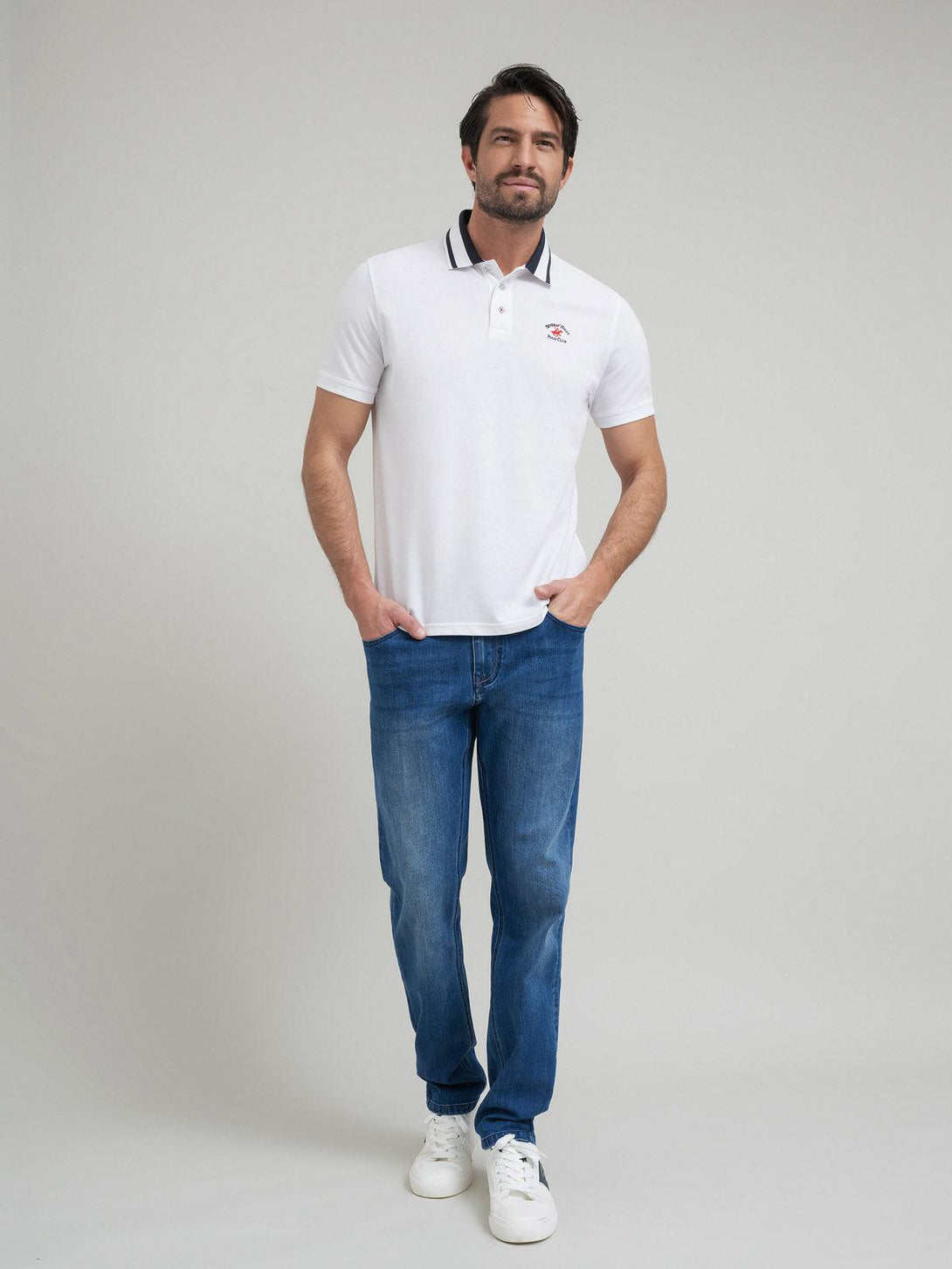 Beverly Hills Polo Club UK-COLLAR STRIPE POLO SHIRT WHITE