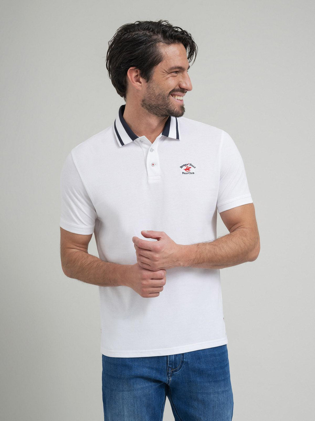 Beverly Hills Polo Club UK-COLLAR STRIPE POLO SHIRT WHITE