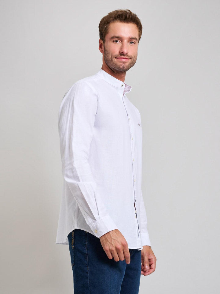 Beverly Hills Polo Club UK-COLLARLESS LINEN BLEND SHIRT GHOST WHITE