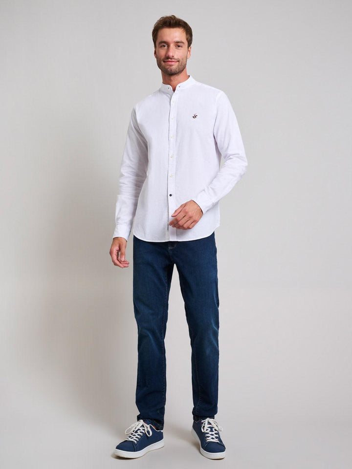 Beverly Hills Polo Club UK-COLLARLESS LINEN BLEND SHIRT GHOST WHITE