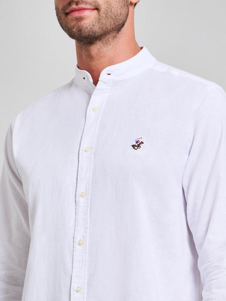 Beverly Hills Polo Club UK-COLLARLESS LINEN BLEND SHIRT GHOST WHITE