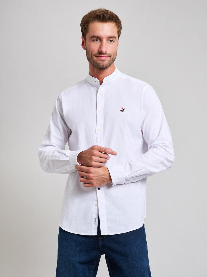 Beverly Hills Polo Club UK-COLLARLESS LINEN BLEND SHIRT GHOST WHITE