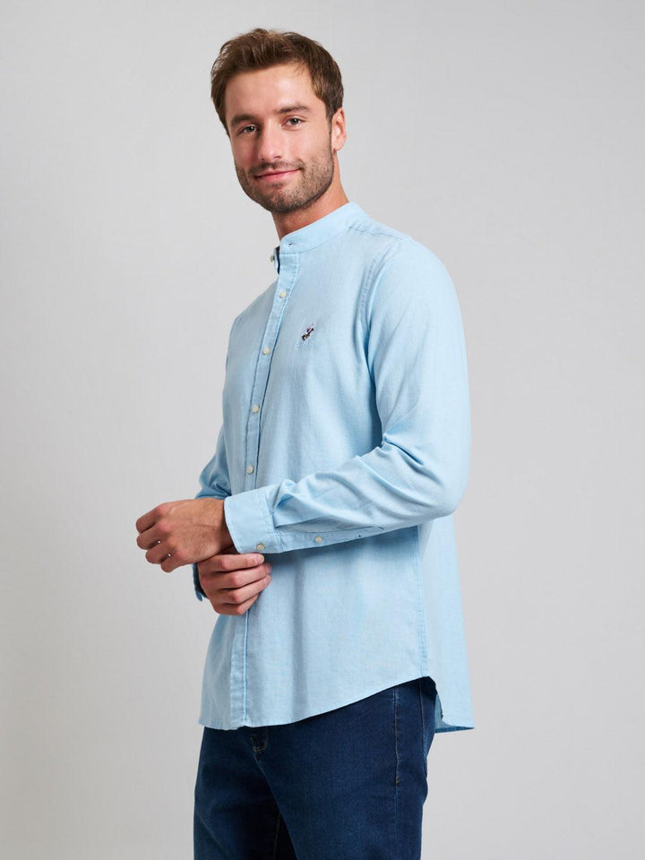 Beverly Hills Polo Club UK-COLLARLESS LINEN BLEND SHIRT LIGHT BLUE