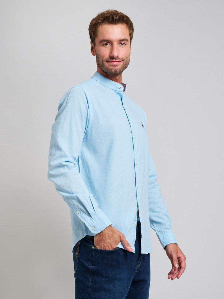 Beverly Hills Polo Club UK-COLLARLESS LINEN BLEND SHIRT LIGHT BLUE