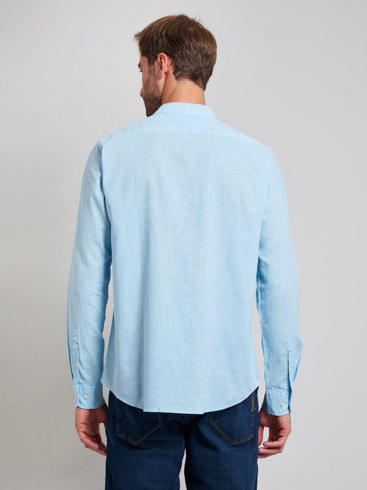 Beverly Hills Polo Club UK-COLLARLESS LINEN BLEND SHIRT LIGHT BLUE