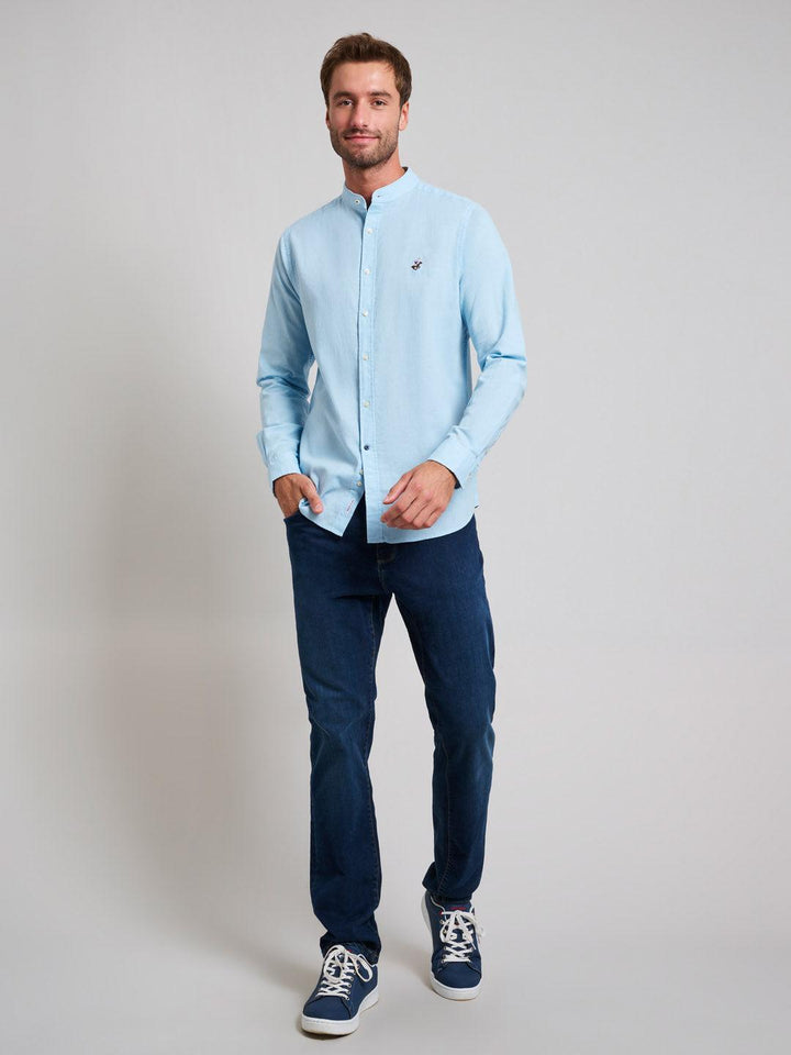 Beverly Hills Polo Club UK-COLLARLESS LINEN BLEND SHIRT LIGHT BLUE