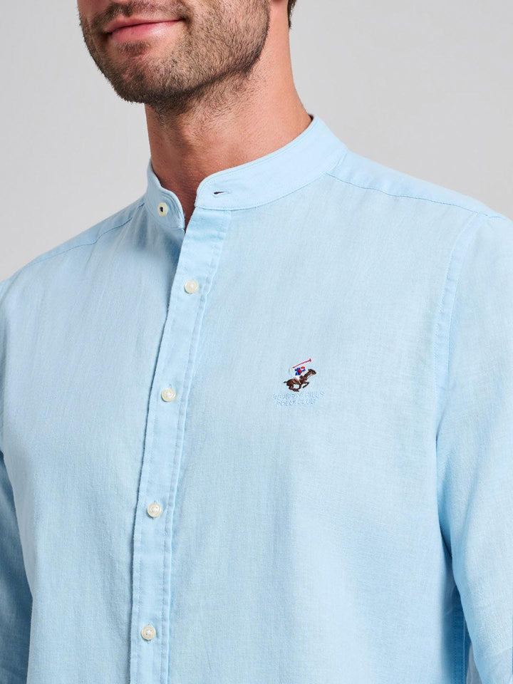 Beverly Hills Polo Club UK-COLLARLESS LINEN BLEND SHIRT LIGHT BLUE
