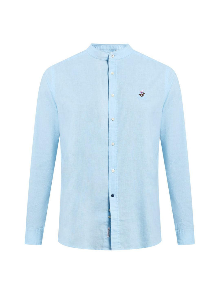 Beverly Hills Polo Club UK-COLLARLESS LINEN BLEND SHIRT LIGHT BLUE