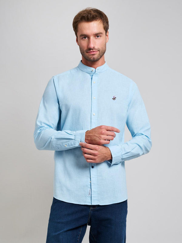 Beverly Hills Polo Club UK-COLLARLESS LINEN BLEND SHIRT LIGHT BLUE