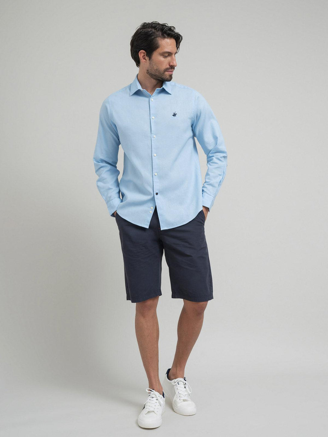 Beverly Hills Polo Club UK-CONTRAST BUTTON SHIRT LIGHT BLUE