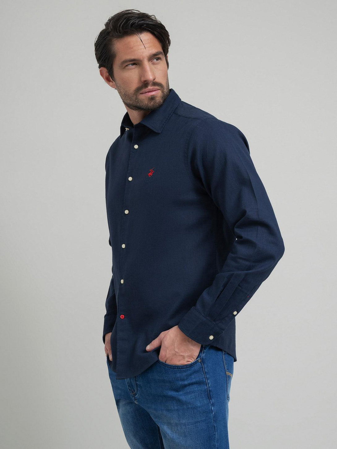 Beverly Hills Polo Club UK-CONTRAST BUTTON SHIRT NAVY