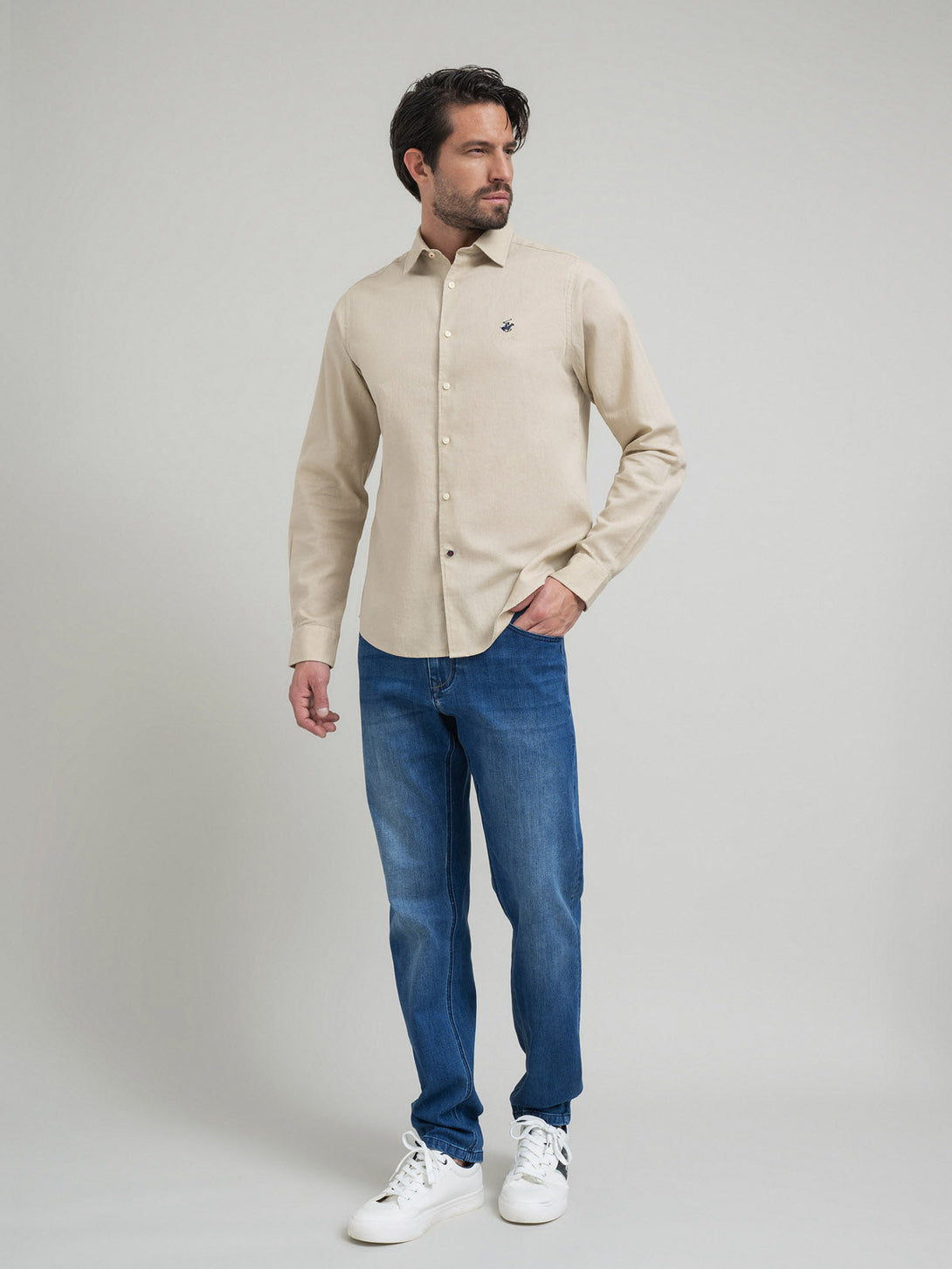 Beverly Hills Polo Club UK-CONTRAST BUTTON SHIRT OATMEAL