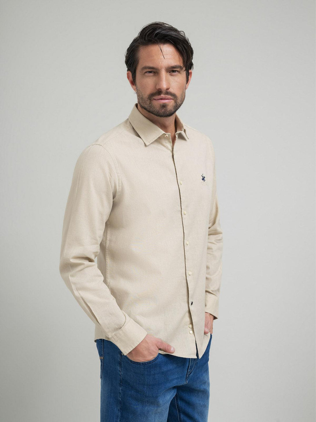 Beverly Hills Polo Club UK-CONTRAST BUTTON SHIRT OATMEAL