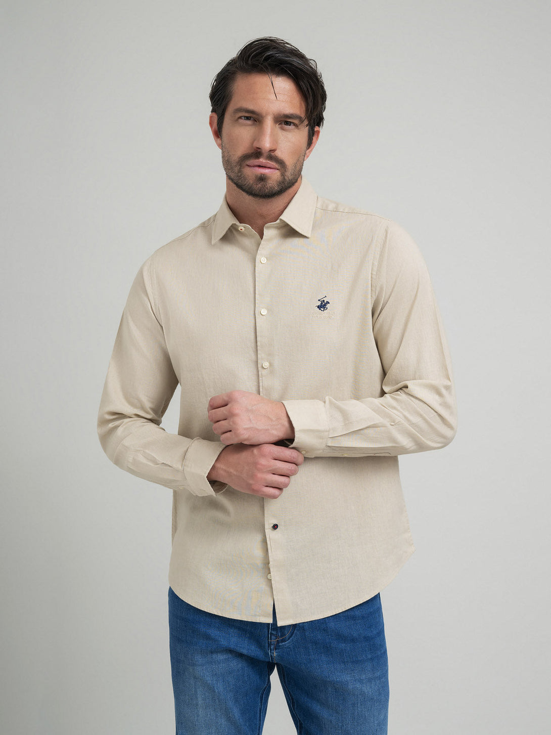 Beverly Hills Polo Club UK-CONTRAST BUTTON SHIRT OATMEAL