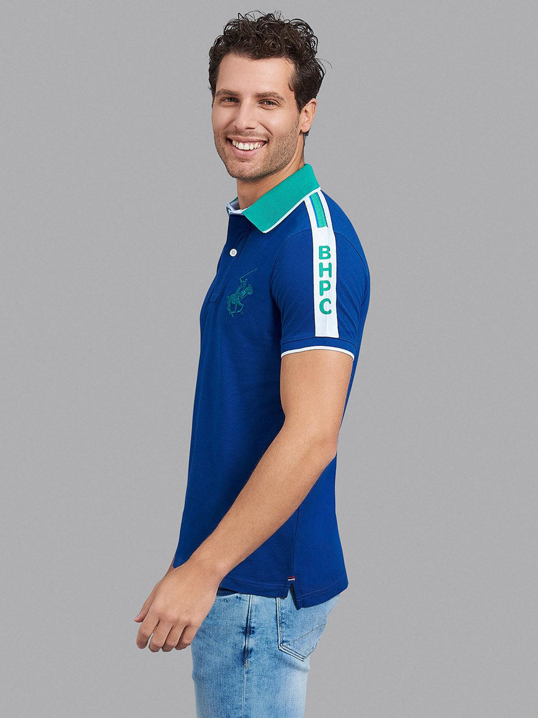 Beverly Hills Polo Club UK-CONTRAST COLLAR BHPC SHOULDER STRIPE POLO SHIRT BALTIC BLUE