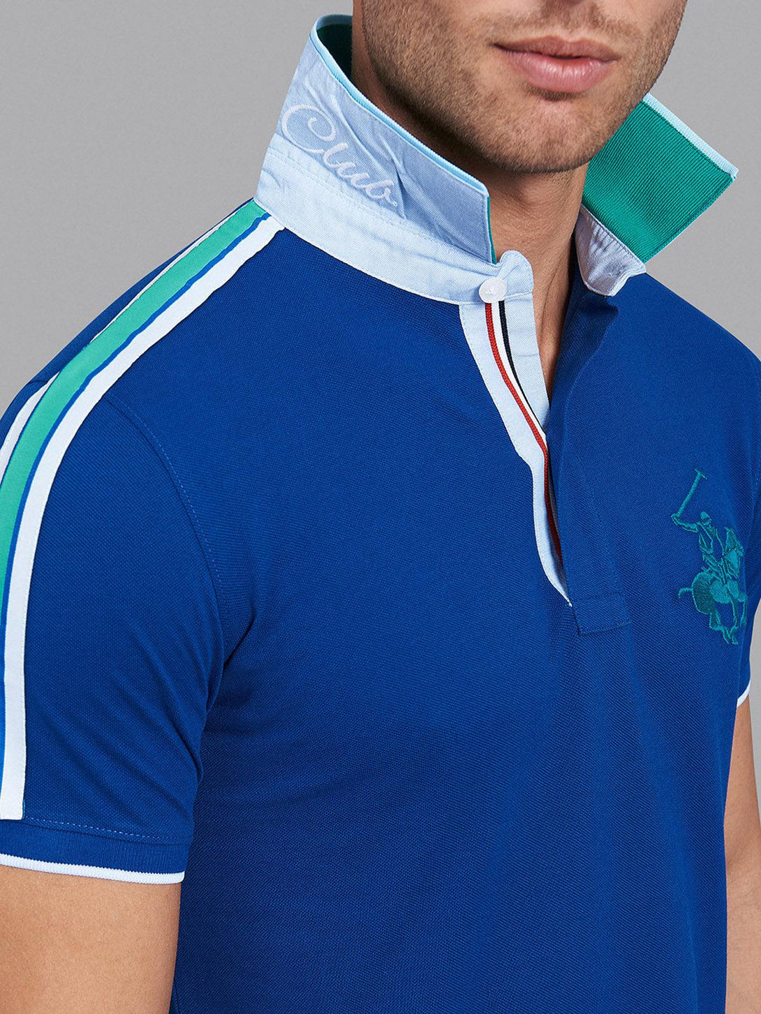 Beverly Hills Polo Club UK-CONTRAST COLLAR BHPC SHOULDER STRIPE POLO SHIRT BALTIC BLUE