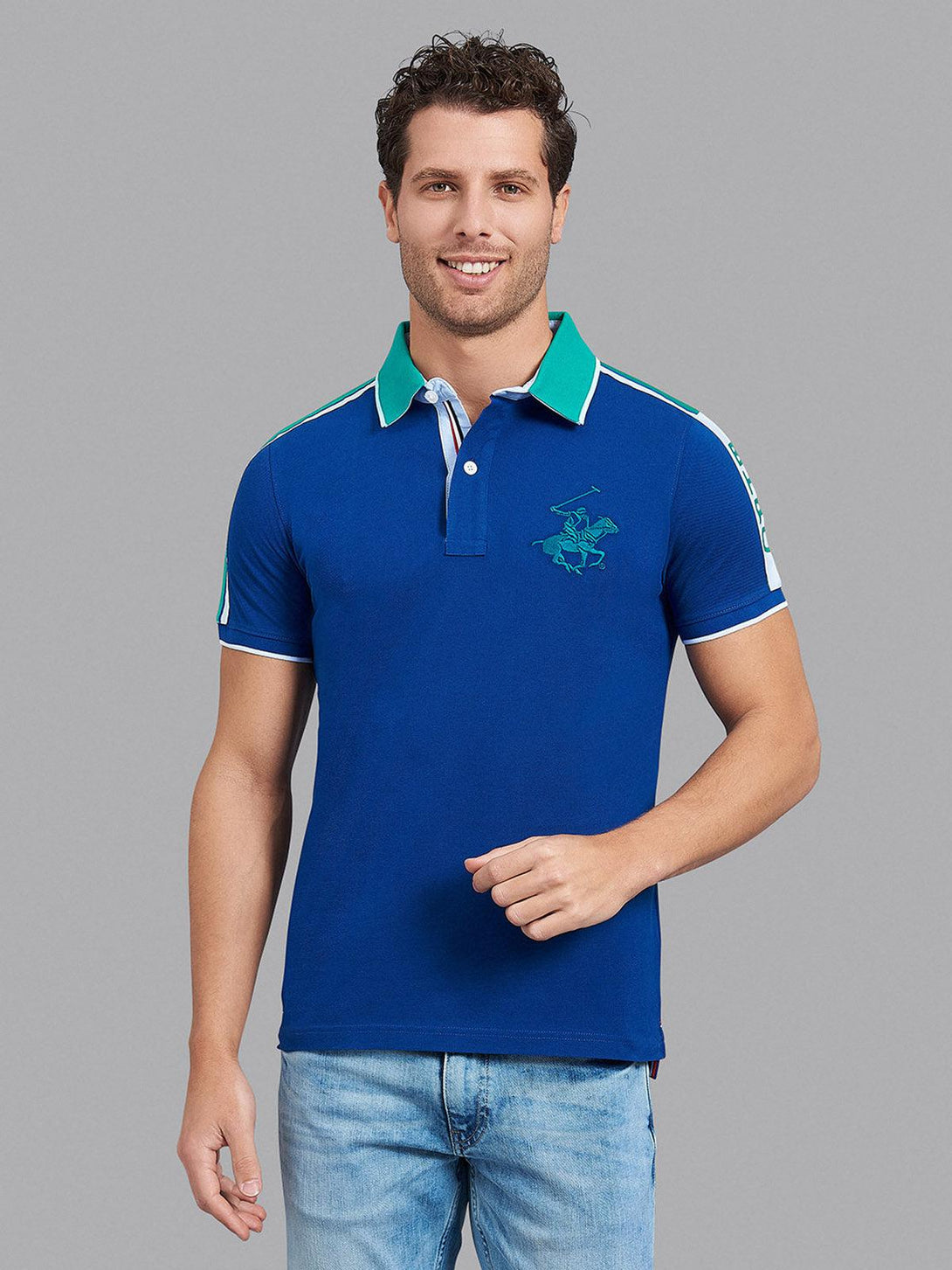 Beverly Hills Polo Club UK-CONTRAST COLLAR BHPC SHOULDER STRIPE POLO SHIRT BALTIC BLUE