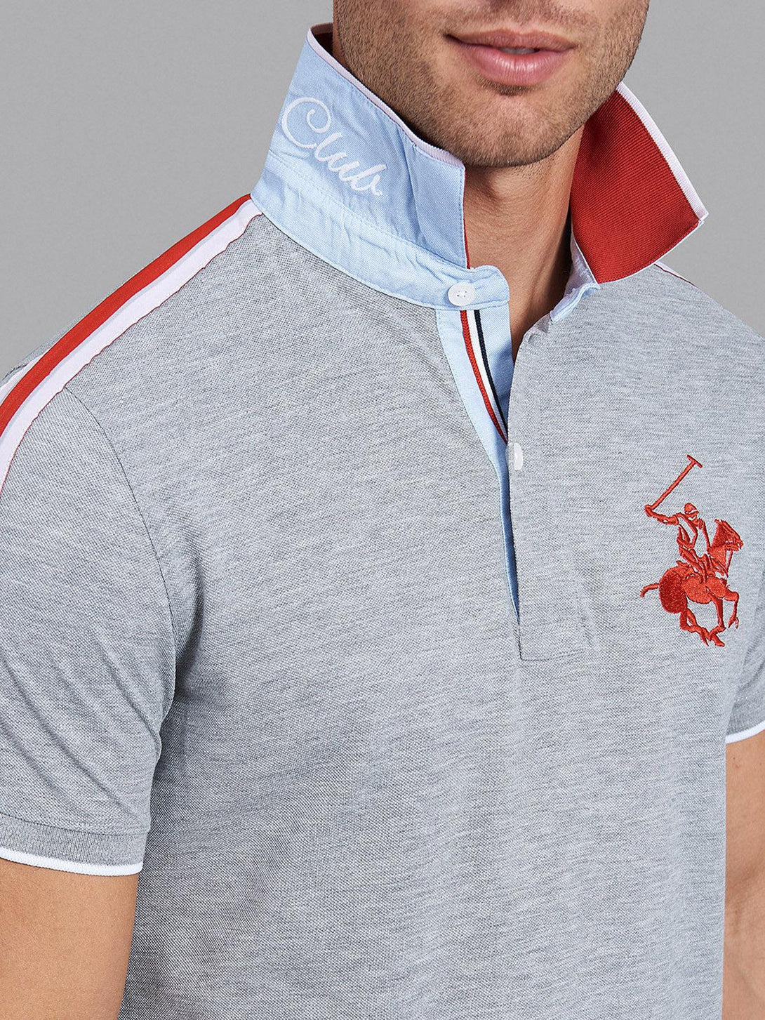 Beverly Hills Polo Club UK-CONTRAST COLLAR BHPC SHOULDER STRIPE POLO SHIRT HEATHER GREY